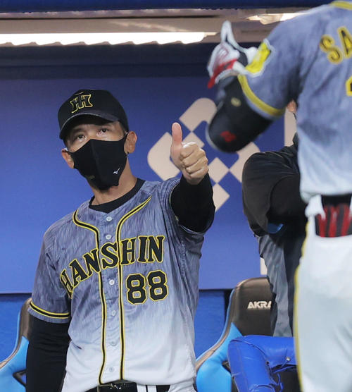 ヤクルト対阪神　7回表阪神無死一塁、坂本が投犠打を決めサムアップする矢野監督（撮影・河田真司）