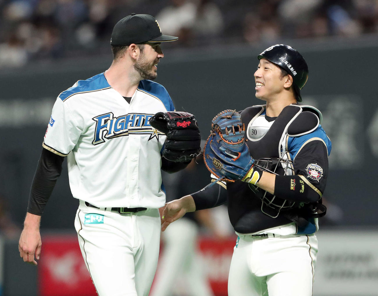 日本ハム対ロッテ　タッチを交わしながらベンチに戻る日本ハム・バーヘイゲン（左）と宇佐見（撮影・佐藤翔太）