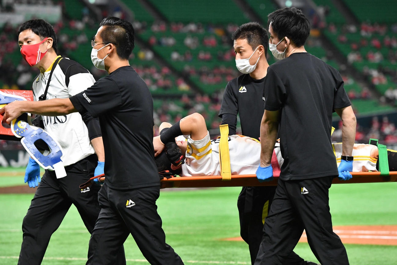 8回表、外野フェンスに激突した牧原大成は担架で搬送される（撮影・岩下翔太）