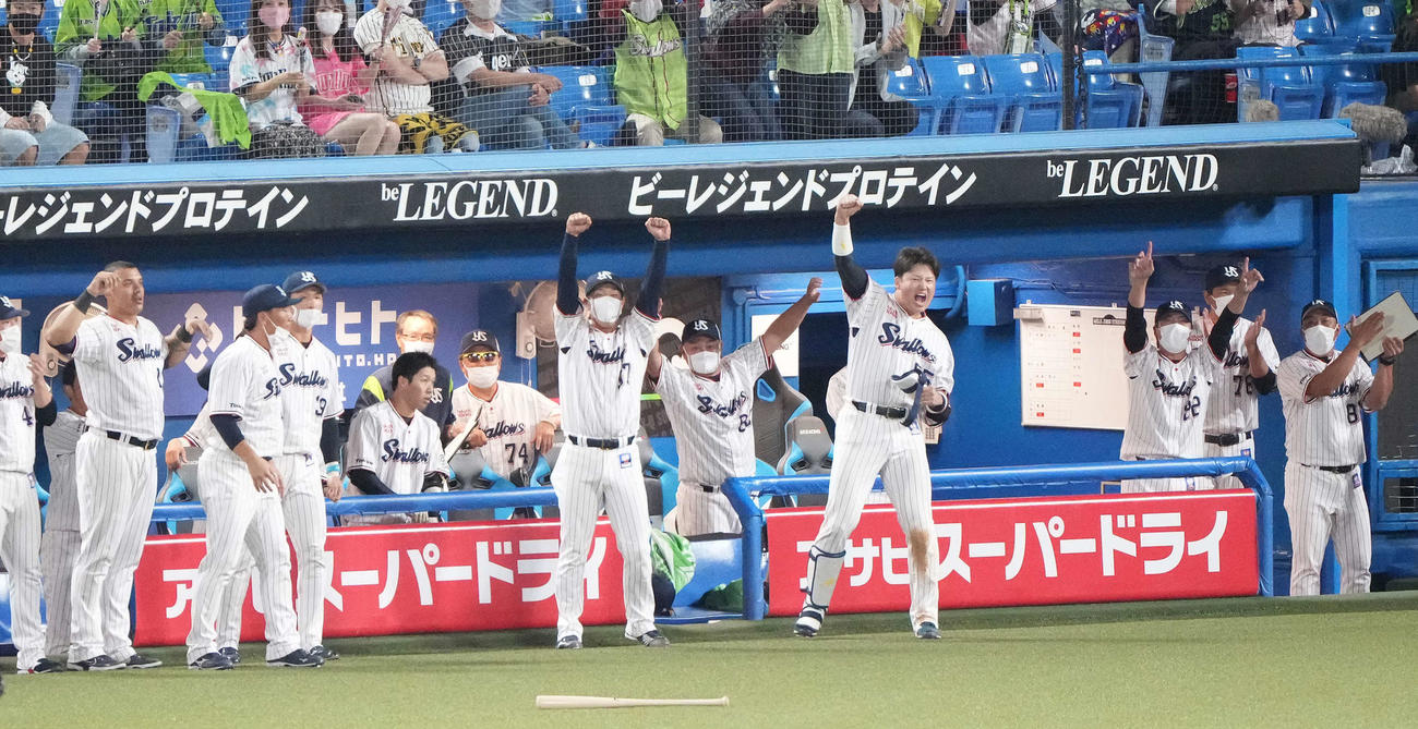 ヤクルト対阪神　6回裏ヤクルト1死二塁、塩見の中適時二塁打にベンチで盛り上がる村上（右から4人目）らヤクルトベンチ（撮影・鈴木みどり）