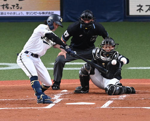 オリックス対ロッテ 1回裏オリックス無死、福田周平は左前打を放つ(撮影・前岡正明)