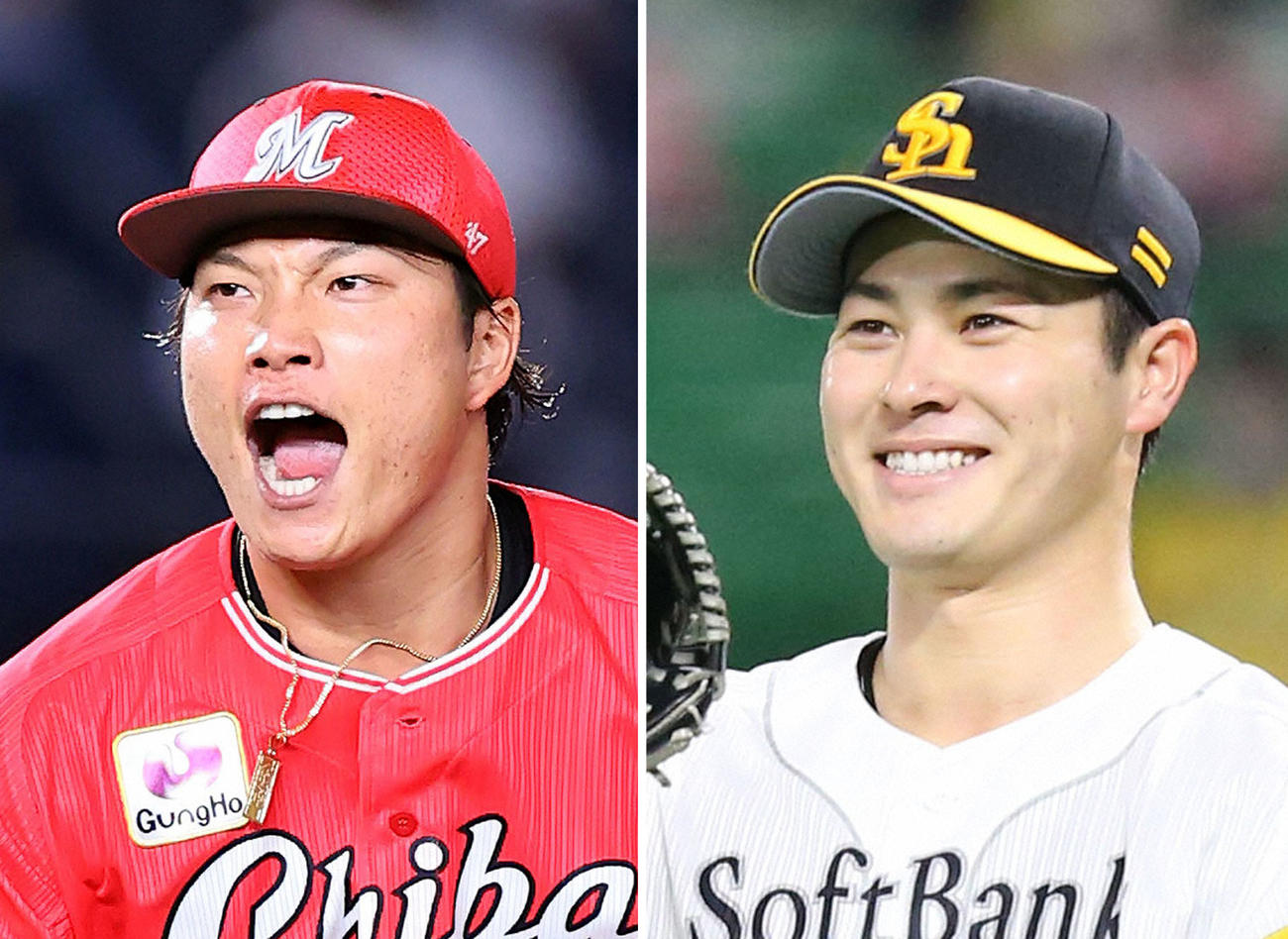 左からロッテ岩下大輝、ソフトバンク笠谷俊介