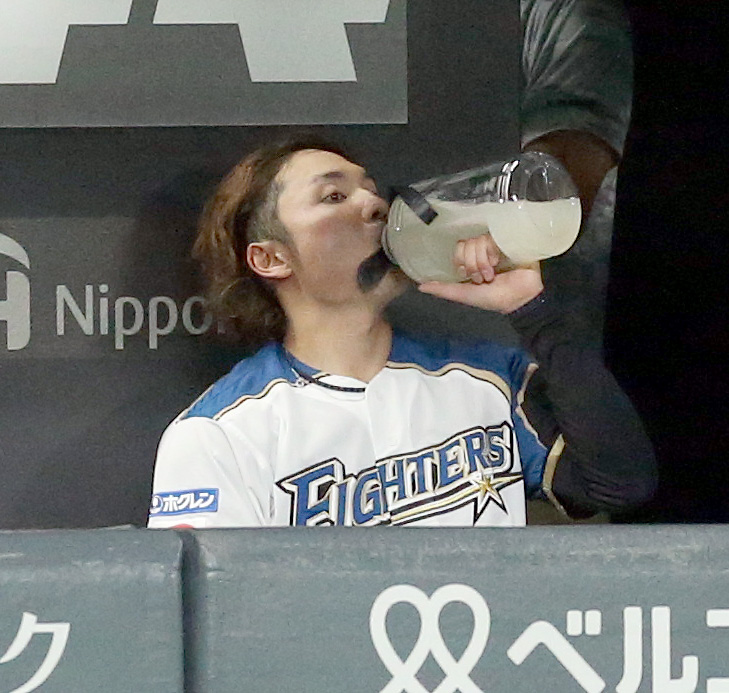 日本ハム対西武　ベンチで水分補給をする日本ハム伊藤（撮影・佐藤翔太）