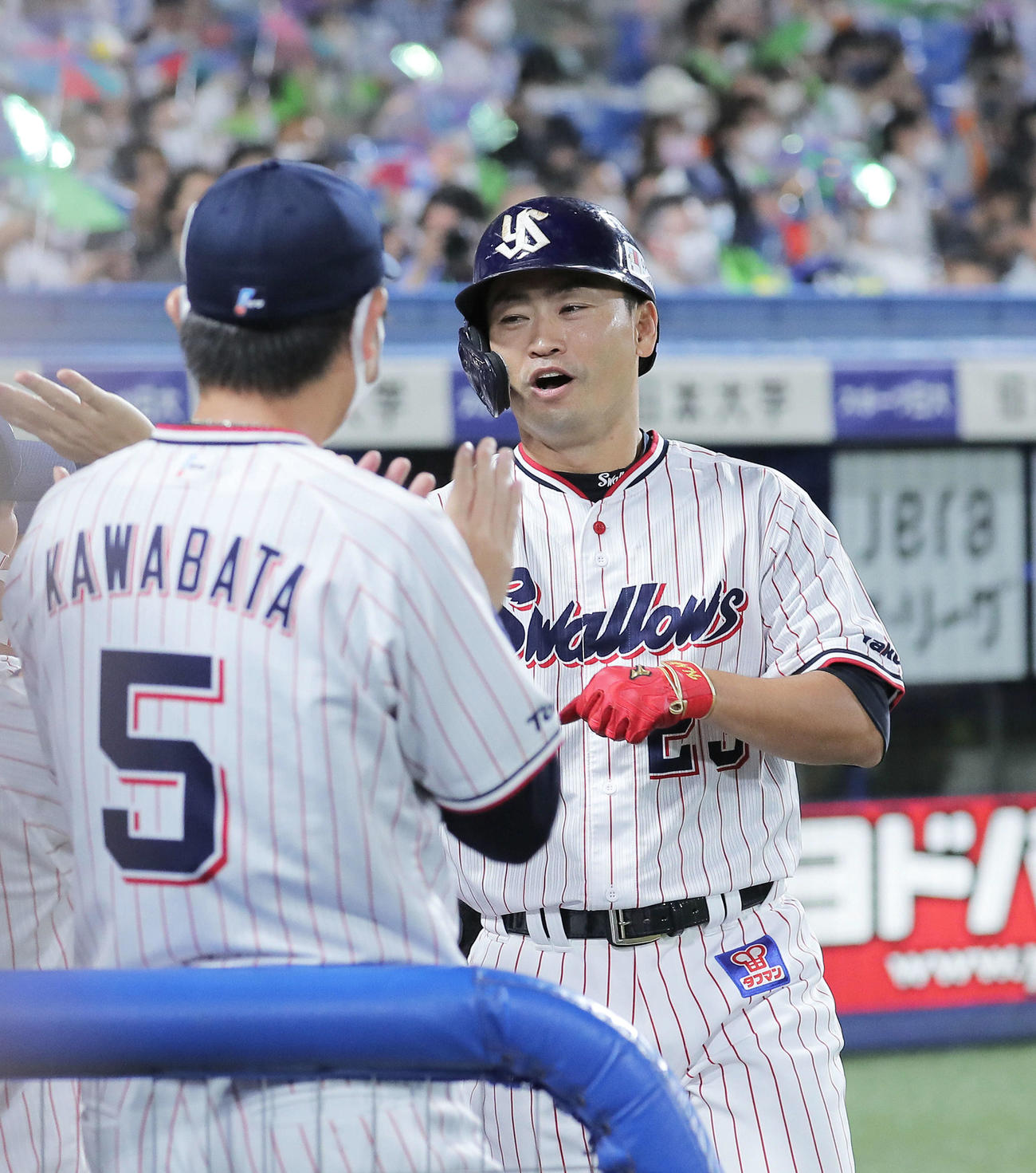 ヤクルト対巨人　3回裏ヤクルト1死、右越えソロ本塁打で生還し、ナインに迎えられる青木（撮影・河田真司）