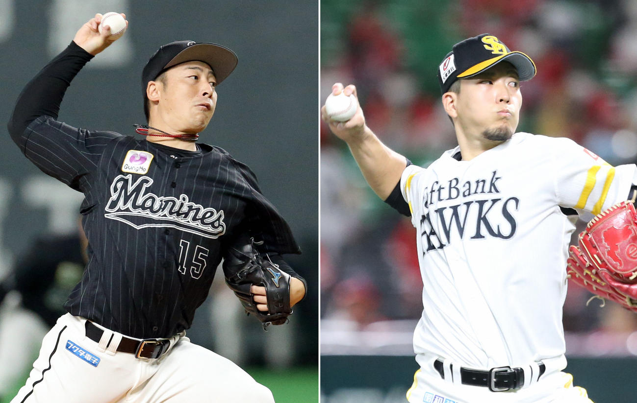 ロッテ美馬学（左）、ソフトバンク千賀滉大