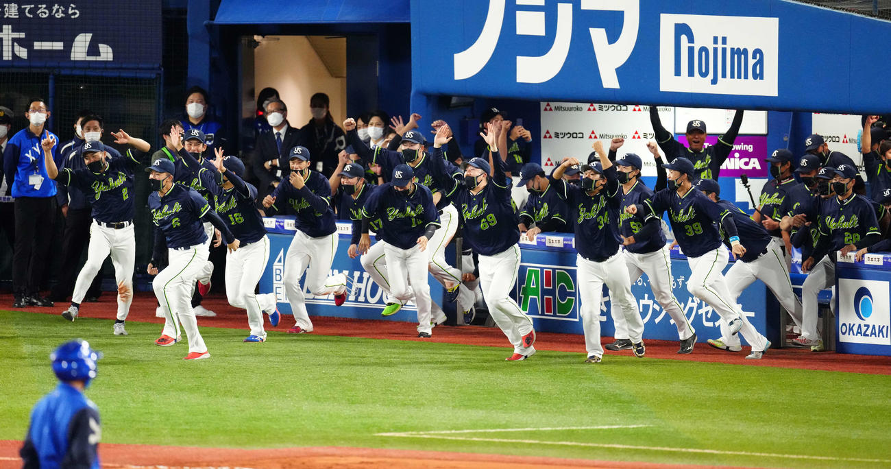 DeNA対ヤクルト　セ・リーグ優勝を決め勢いよくベンチをい飛び出すヤクルトの選手たち（撮影・江口和貴）