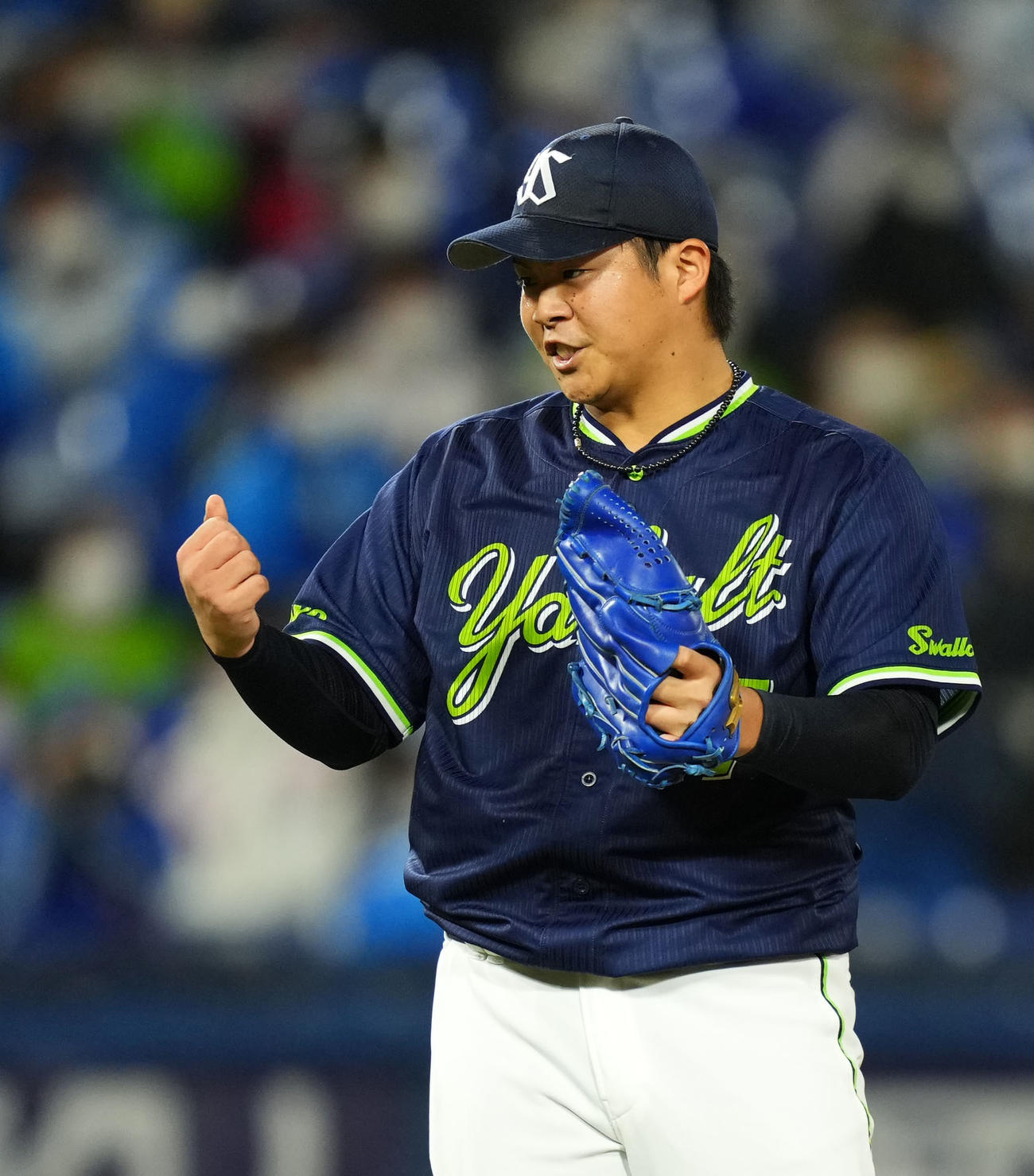 DeNA対ヤクルト　8回裏を無失点に抑えガッツポーズをするヤクルト清水（撮影・横山健太）