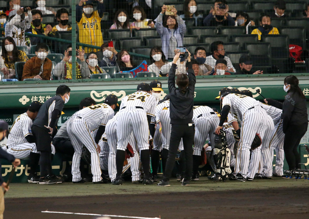 阪神対広島　試合前、ベンチの前で円陣を組む阪神ナイン（撮影・上山淳一）