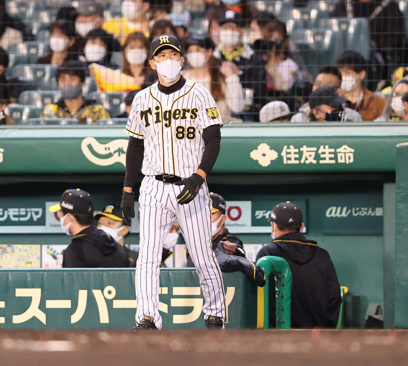 阪神対広島　9回、選手交代を告げに出てくる阪神矢野監督（撮影・清水貴仁）