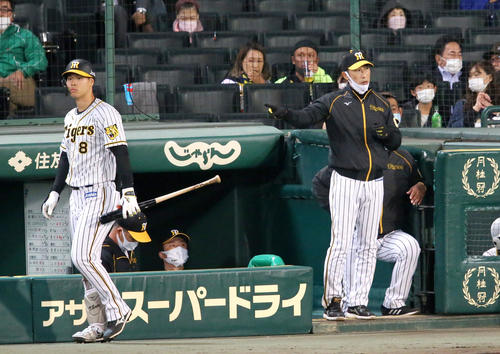 阪神対広島　7回裏阪神無死一、二塁、矢野監督（右）は佐藤輝（手前）に代打島田を送る（撮影・上山淳一）