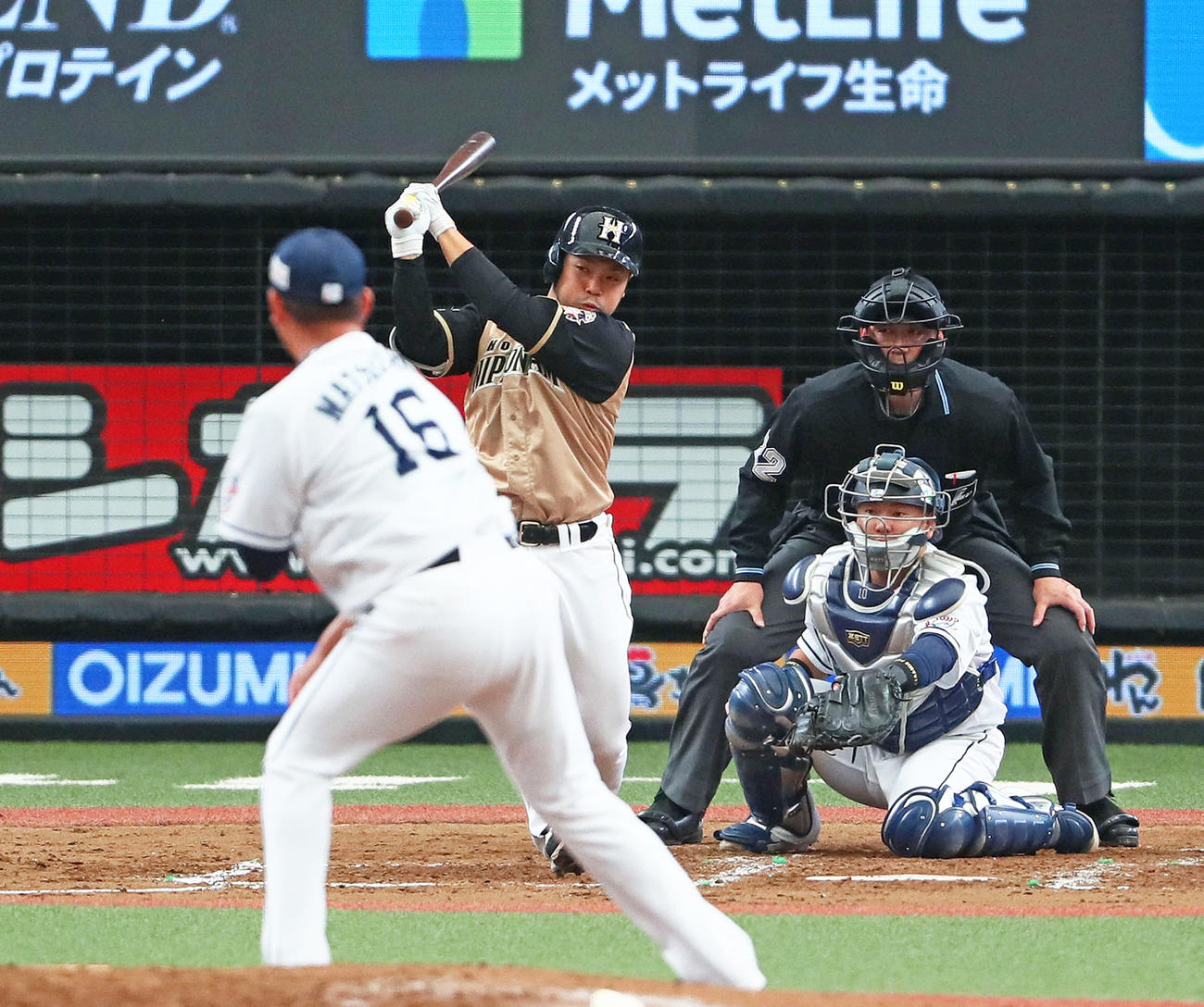 20年3月、練習試合で日本ハム近藤健介は西武松坂大輔から右前適時打を放つ