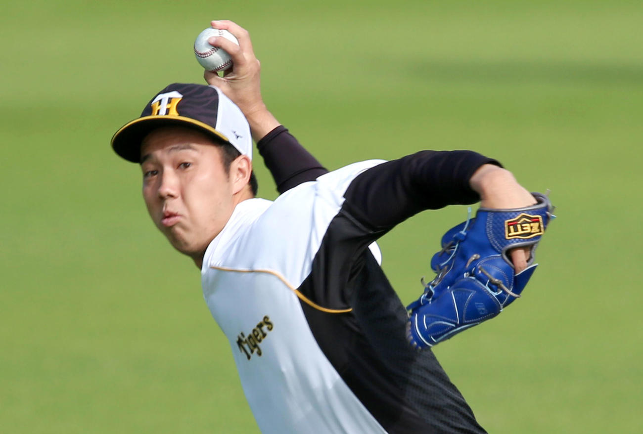 阪神対広島　試合前の練習でキャッチボールする青柳（撮影・上山淳一）