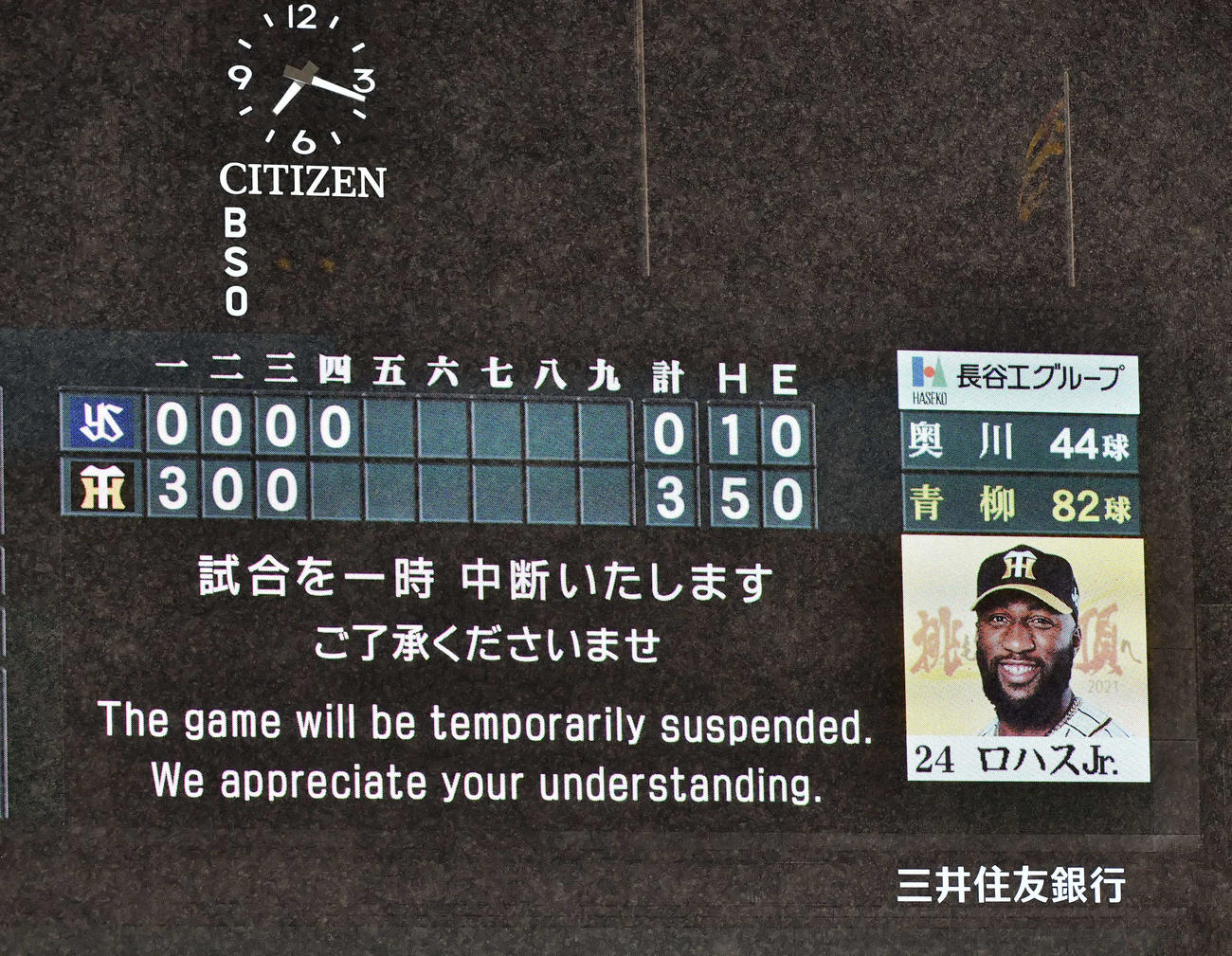 阪神対ヤクルト　突然の雨で中断となった阪神対ヤクルト戦（撮影・上田博志）
