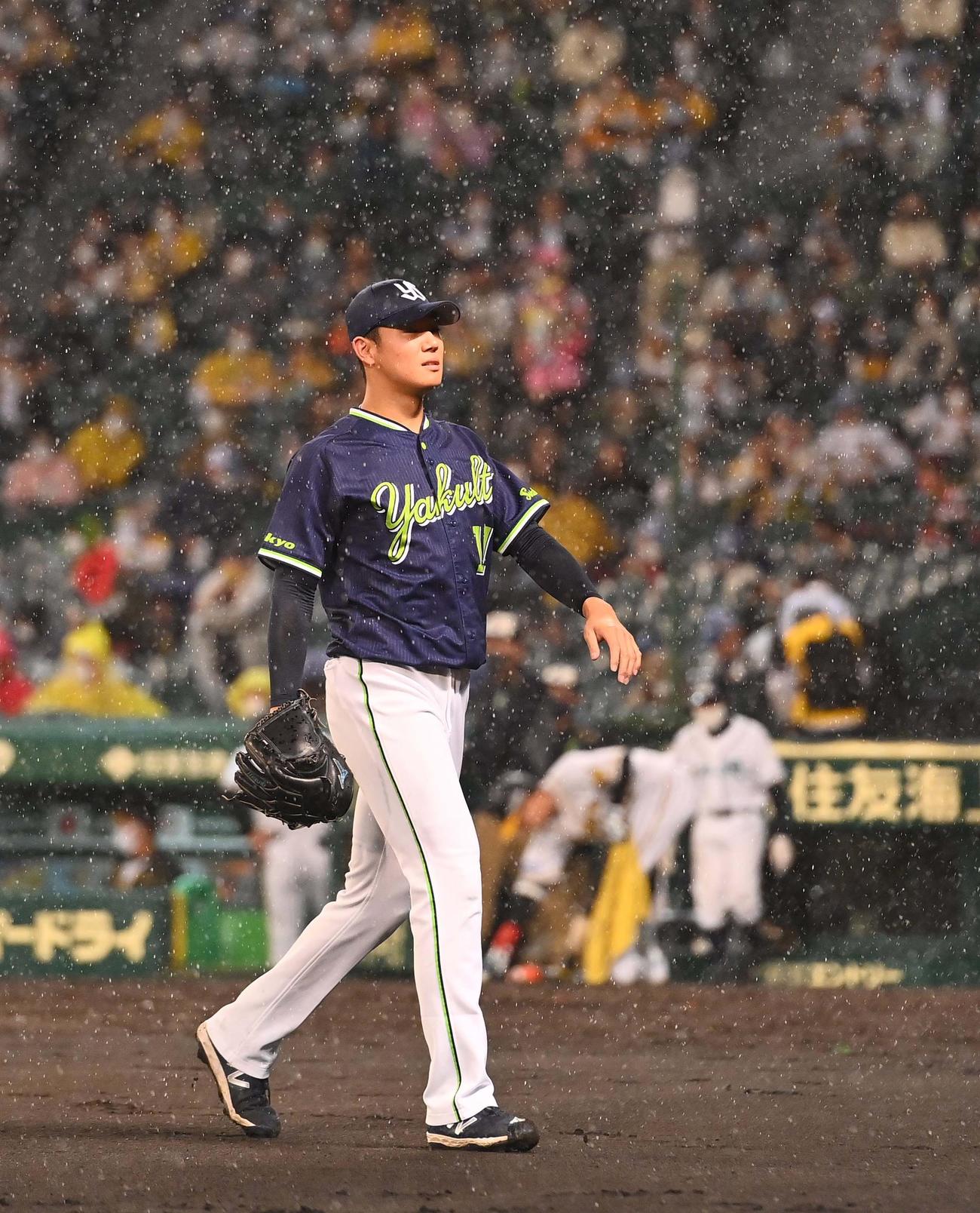 阪神対ヤクルト　雨天中断となりベンチに引き揚げる奥川（撮影・上田博志）