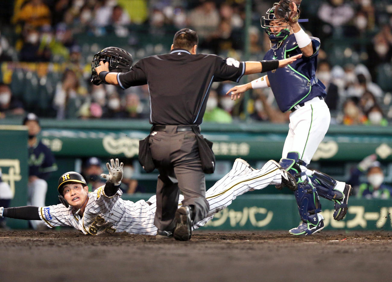 阪神対ヤクルト　4回裏阪神2死一、二塁、島田の中前打で二走木浪（中央）が生還する（撮影・上山淳一）