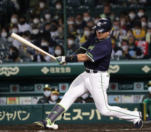 阪神対ヤクルト 4回表ヤクルト2死、右足に自打球を当てる村上(撮影・河野匠)
