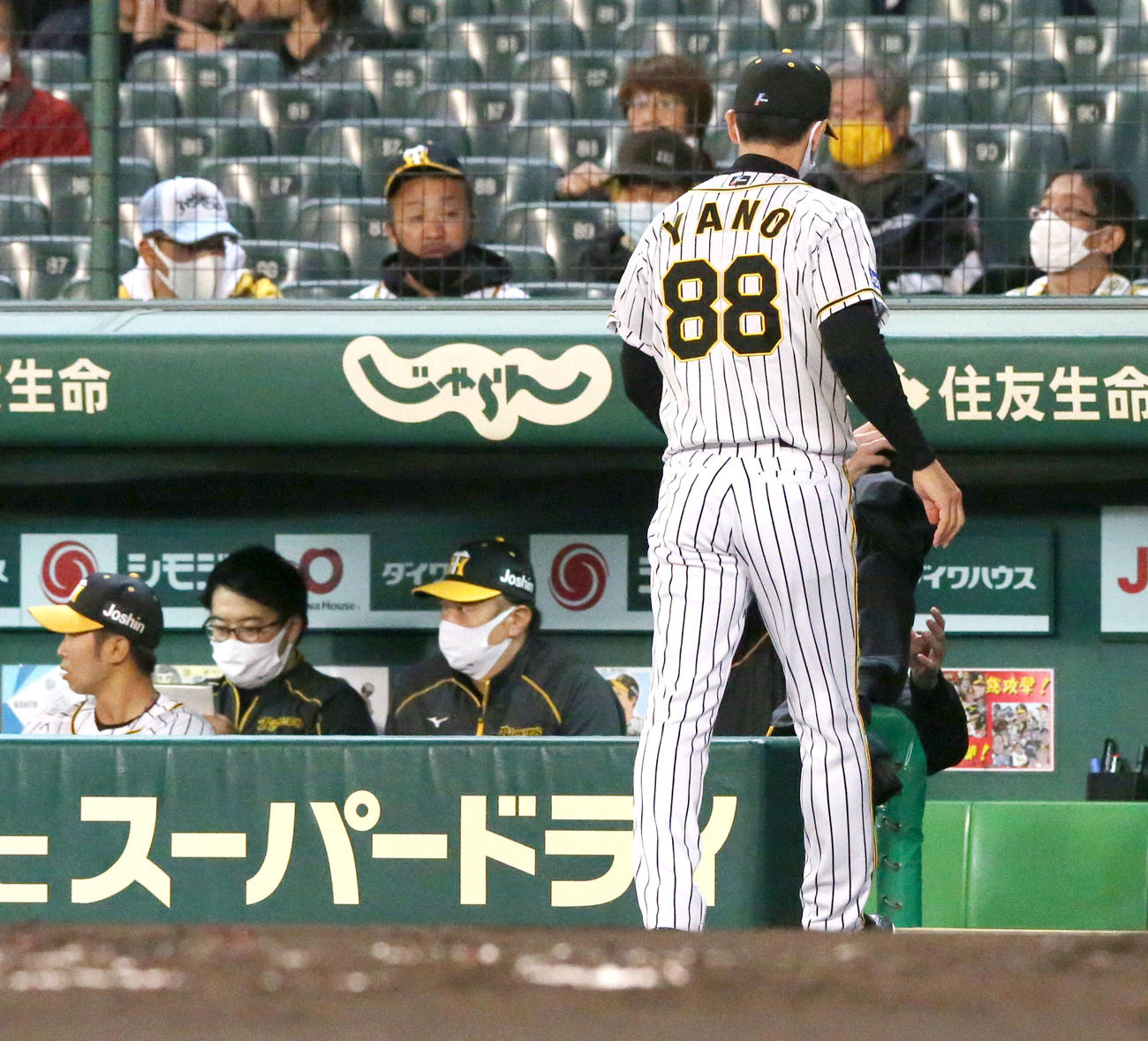 阪神対中日　1回の攻撃を終え、矢野監督は近本の交代を告げベンチへ戻る（撮影・上山淳一）