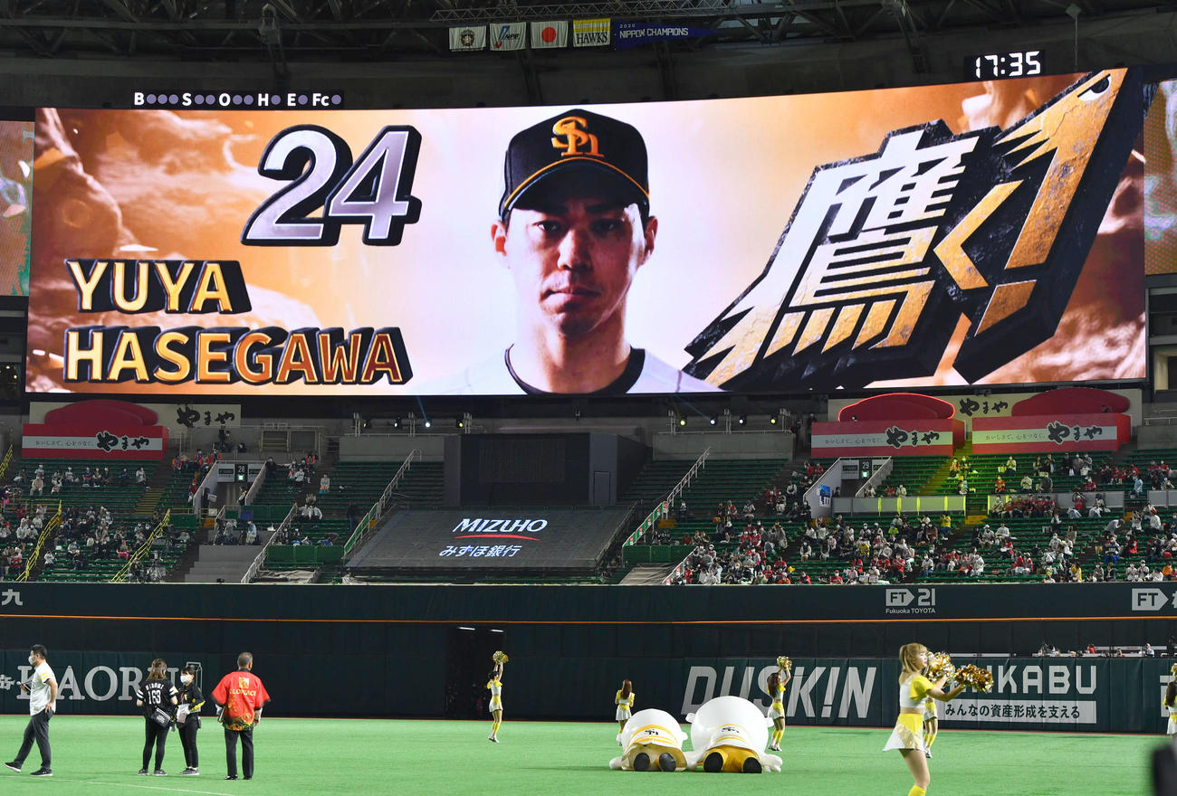 ソフトバンク対日本ハム　ベンチ入りメンバーで画面に表示される長谷川（撮影・岩下翔太）