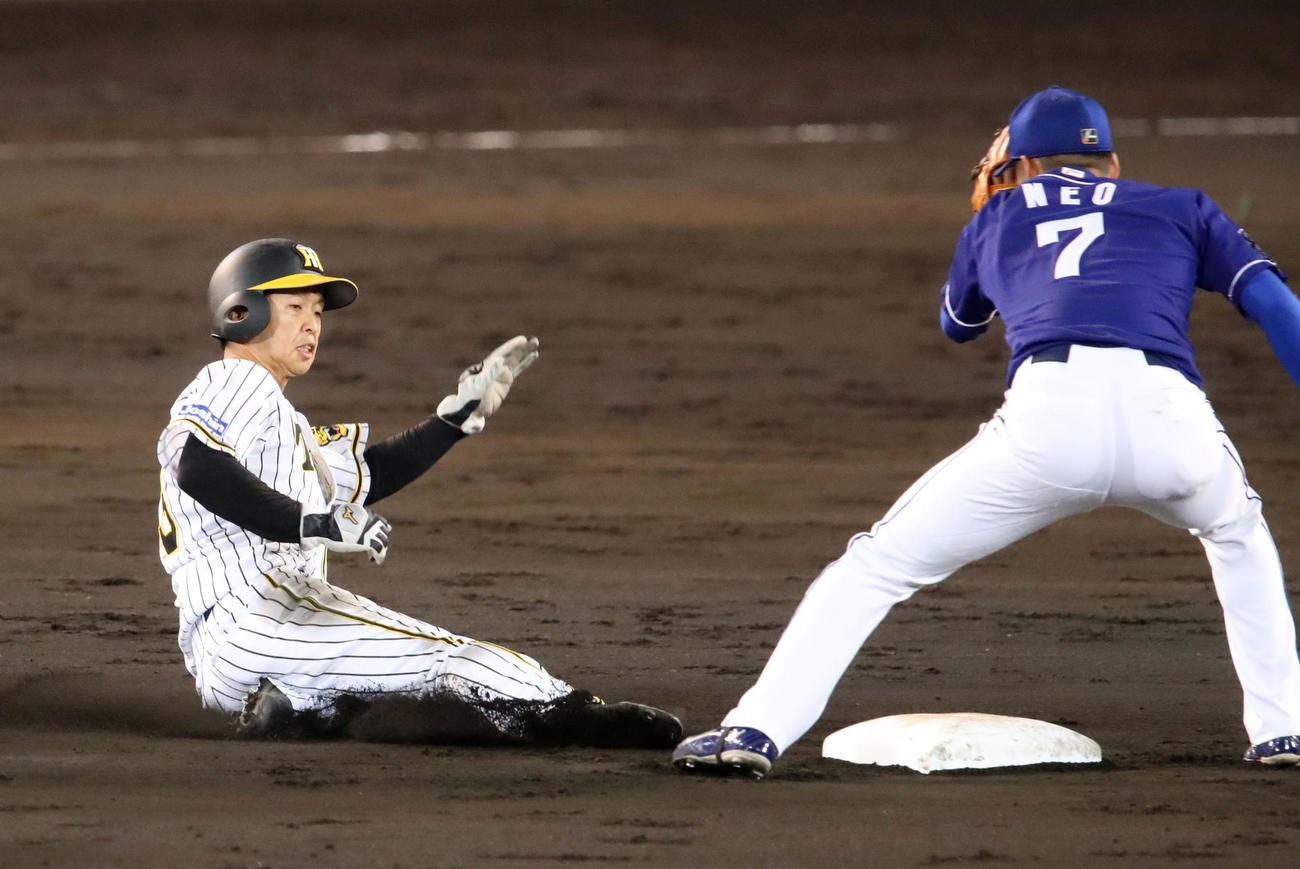 阪神対中日　4回裏阪神1死一塁、島田は二盗を決める。野手は根尾（撮影・加藤哉）