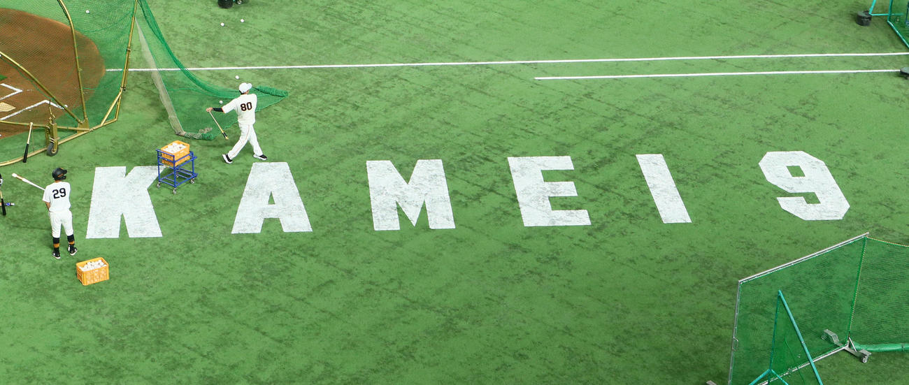 巨人対ヤクルト　引退試合となる巨人亀井へのメッセージがグラウンドに施された東京ドーム（撮影・足立雅史）