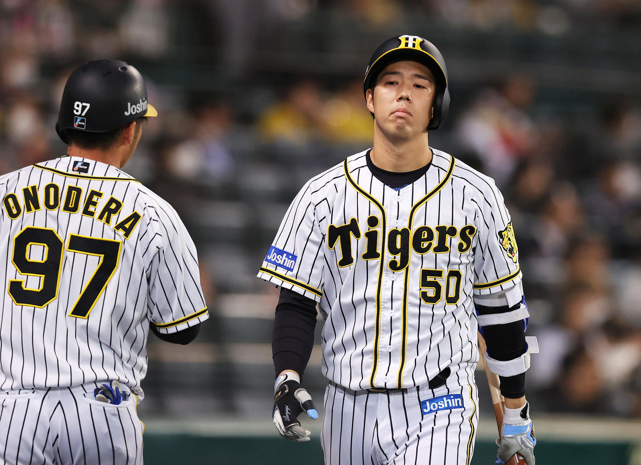 2回裏阪神2死一、三塁、代打小野寺（左）が送られ、交代となりベンチへ下がる青柳（撮影・前田充）