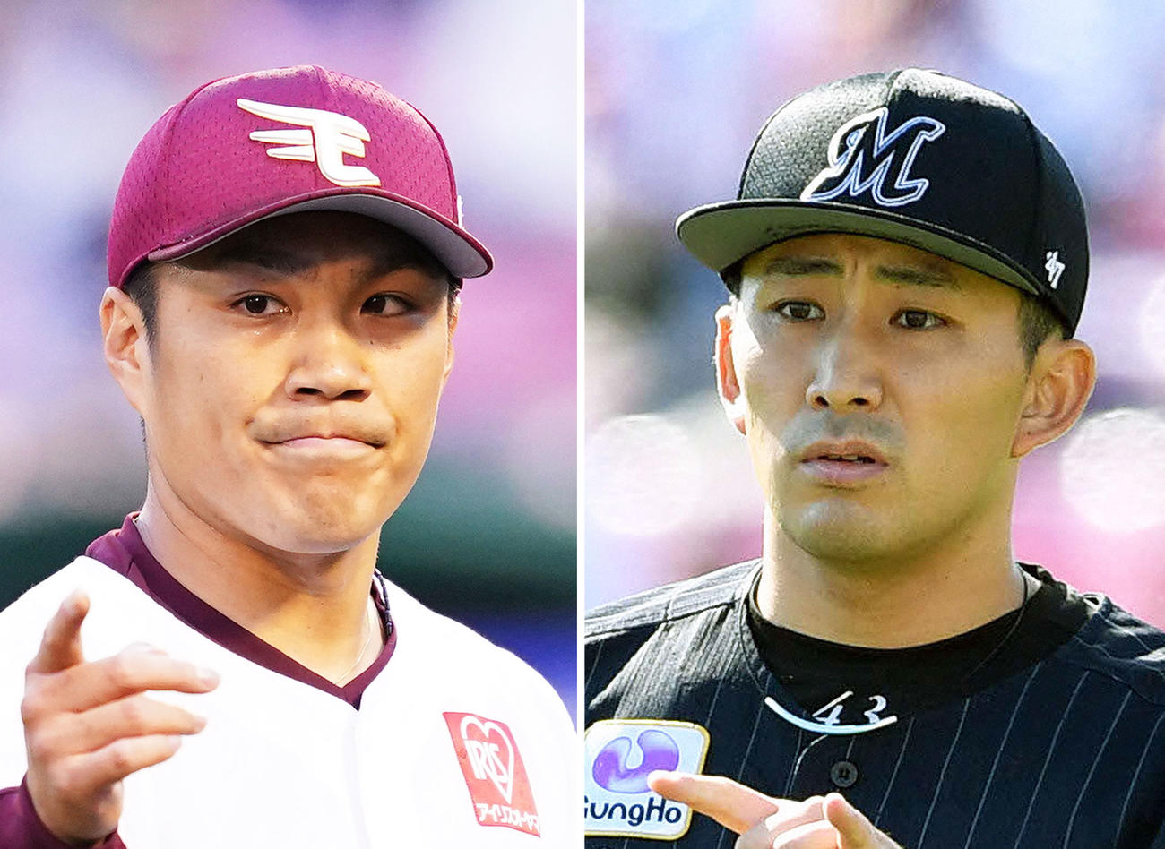 左から楽天則本昂大、ロッテ小島和哉