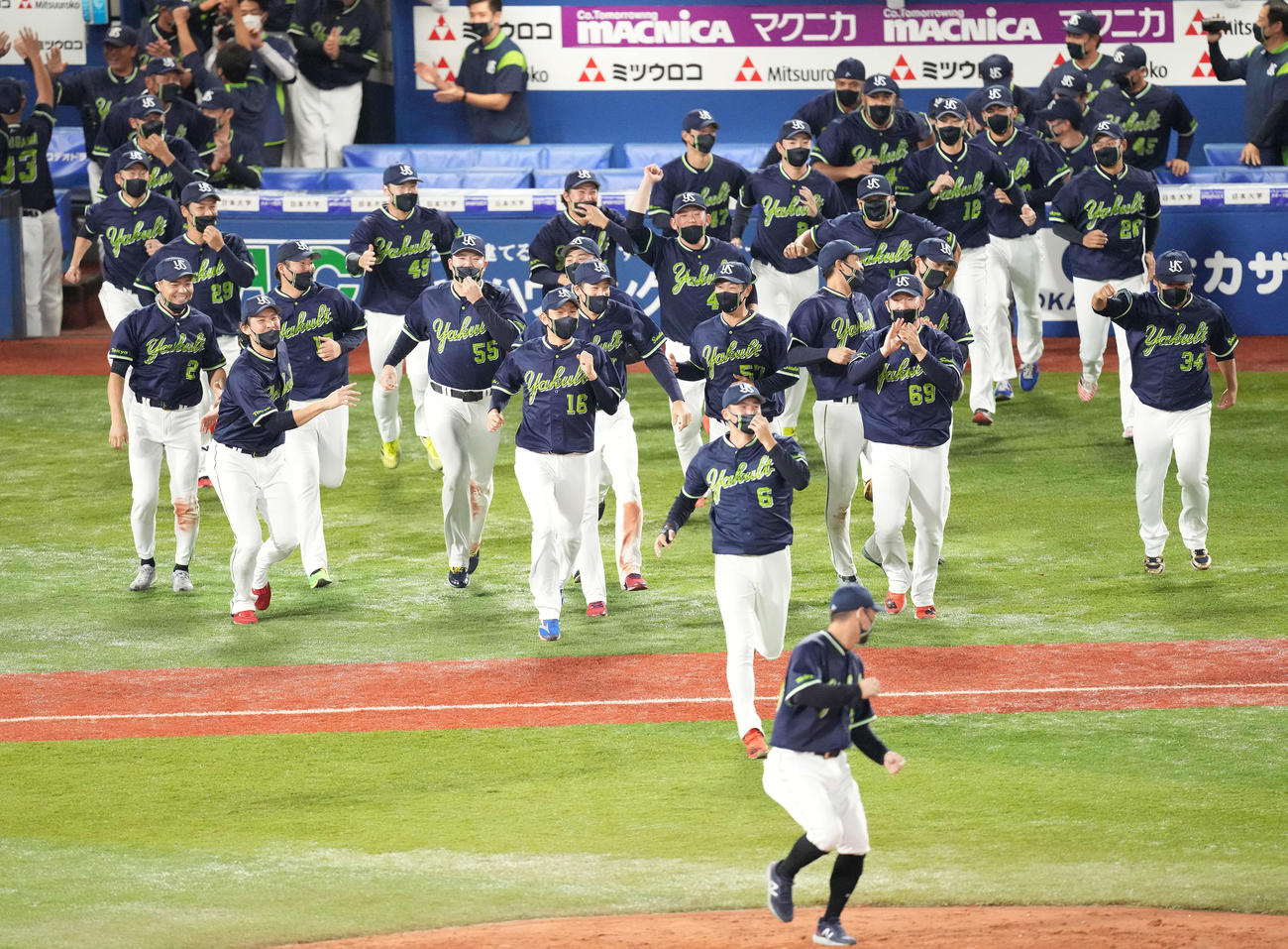 DeNA対ヤクルト　阪神が敗れリーグ優勝が決まり、マウンドへ駆け出すヤクルトナイン（撮影・鈴木みどり）