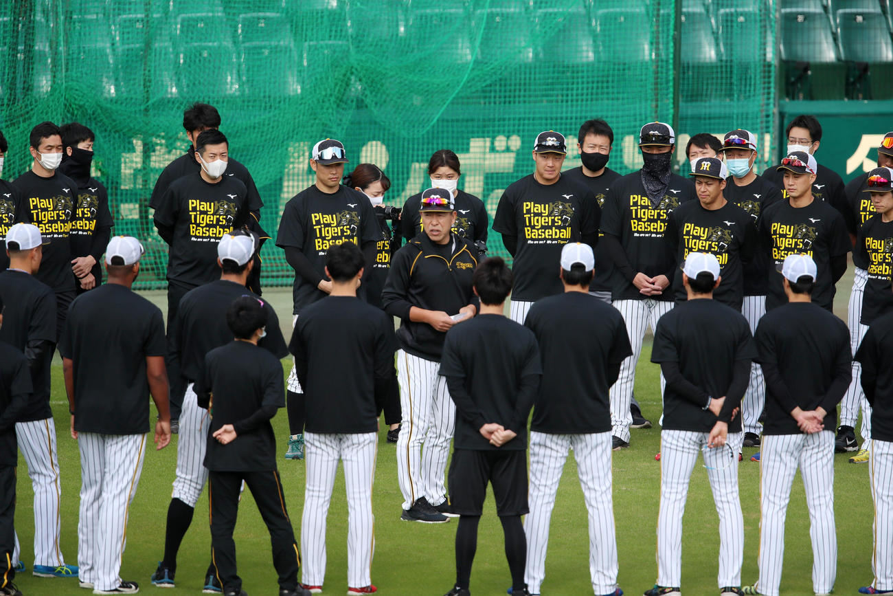 おそろいのTシャツを着てCSへ向け練習を再開した阪神ナインたち（撮影・加藤哉）