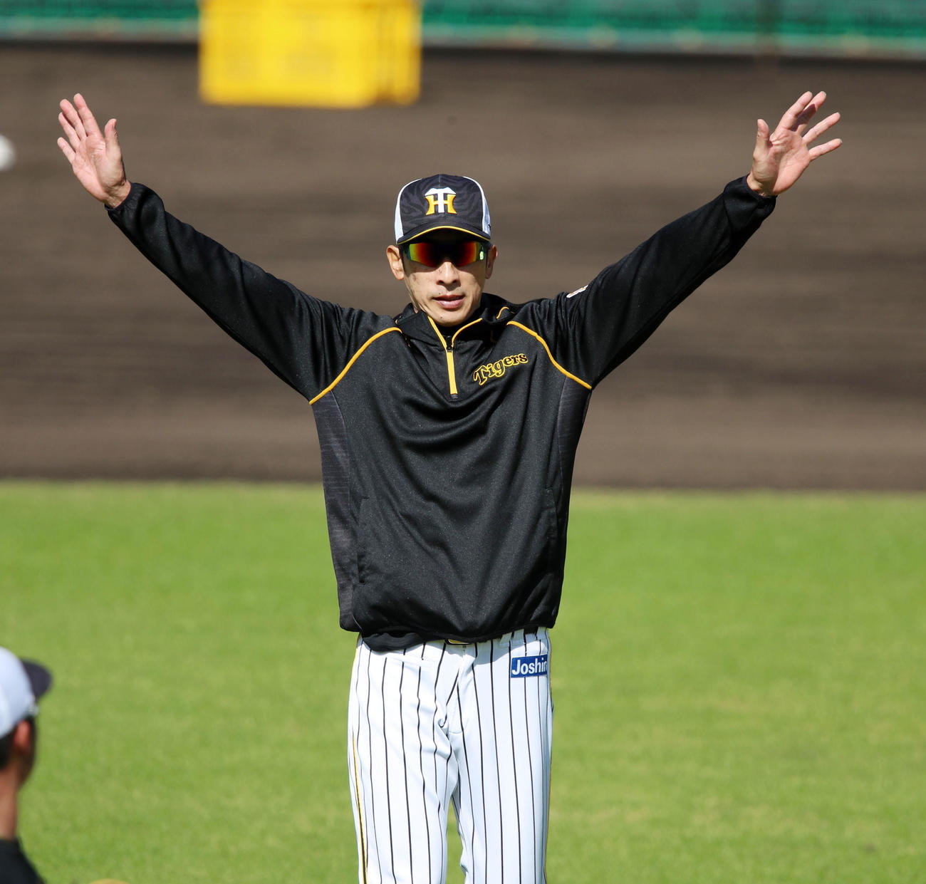 小野寺の守備練習に両手を広げる矢野監督（撮影・加藤哉）