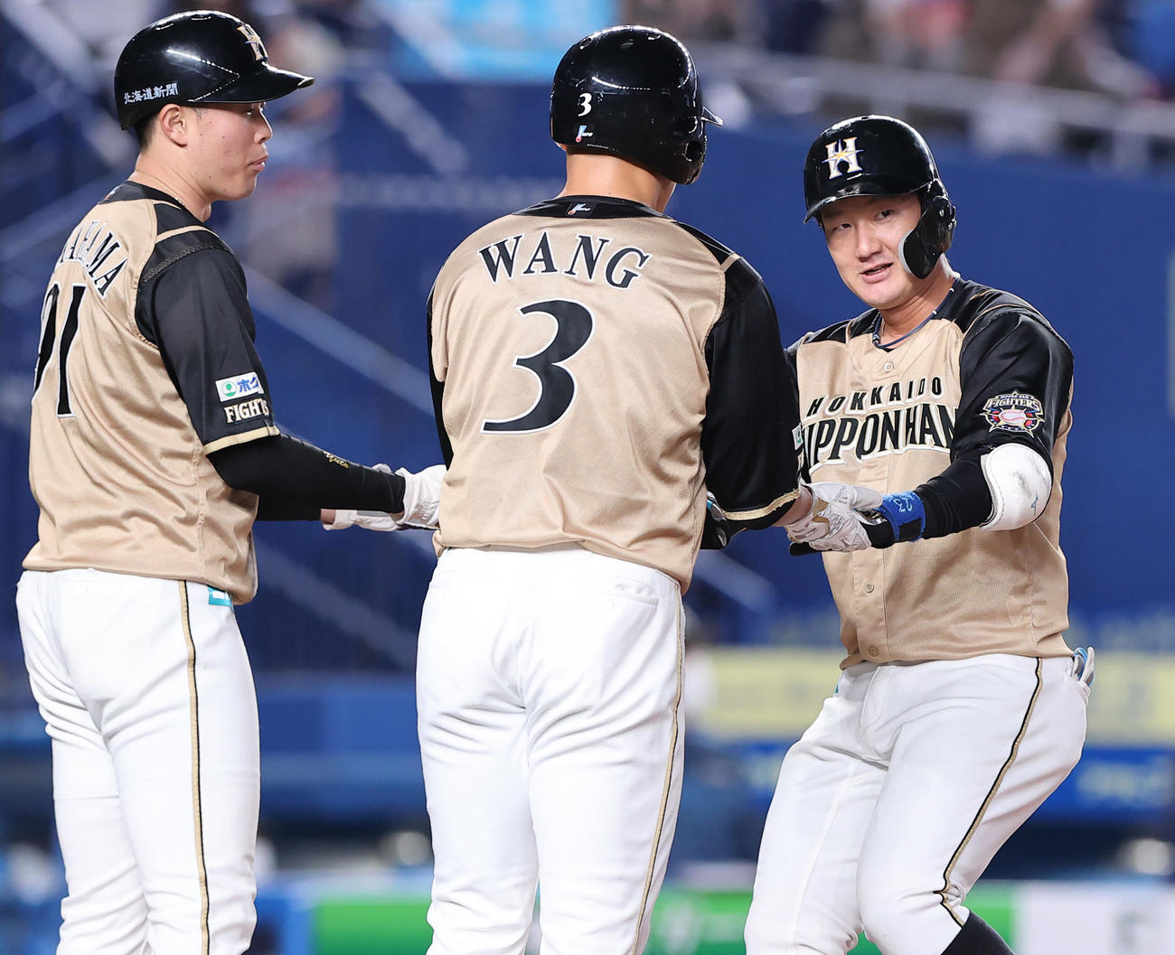 ロッテ対日本ハム　6回表日本ハム1死二、三塁、左越え3点本塁打を放ち出迎えを受ける渡辺（右）（撮影・垰建太）
