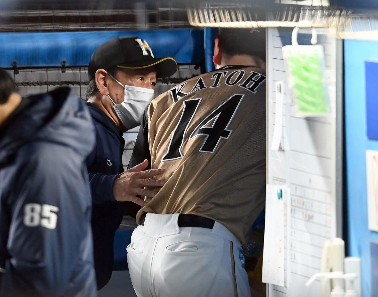 ロッテ対日本ハム　5回を投げ無死点の日本ハム先発の加藤を労う栗山監督（撮影・たえ見朱実）
