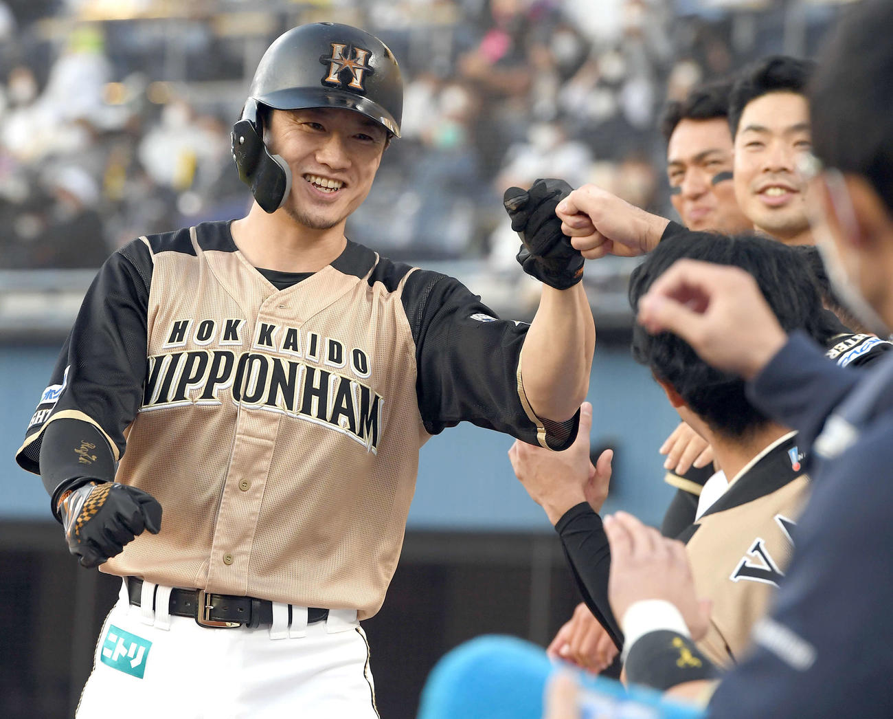 ロッテ対日本ハム　7回表、今季24個目の盗塁を決め笑顔でナインとハイタッチする代走西川（撮影・たえ見朱実）