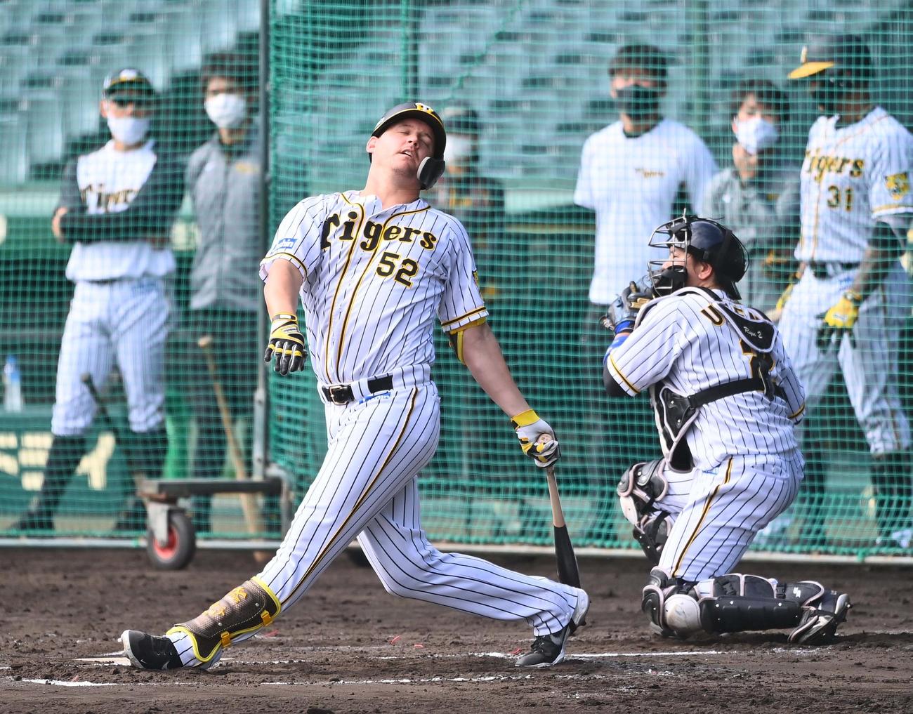 実戦形式の練習で三振に倒れるサンズ（撮影・上田博志）