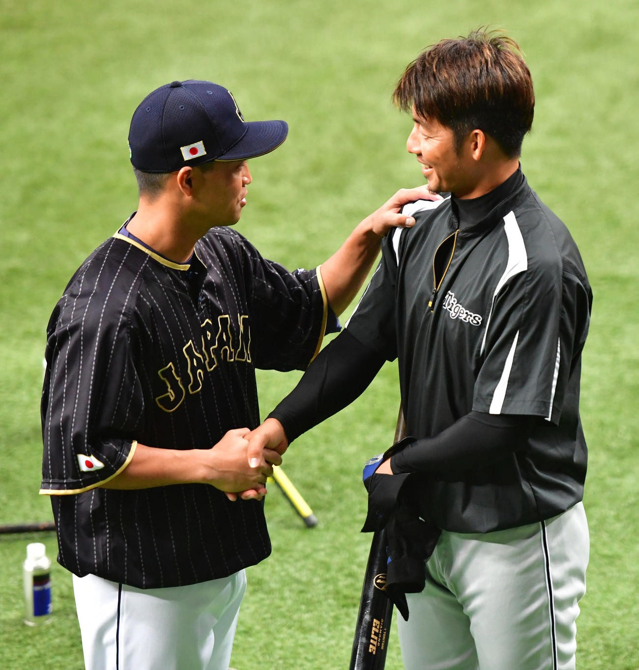 17年3月、阪神対日本　試合前、青木（左）は早大同期の鳥谷と握手を交わす（2017年3月3日撮影）