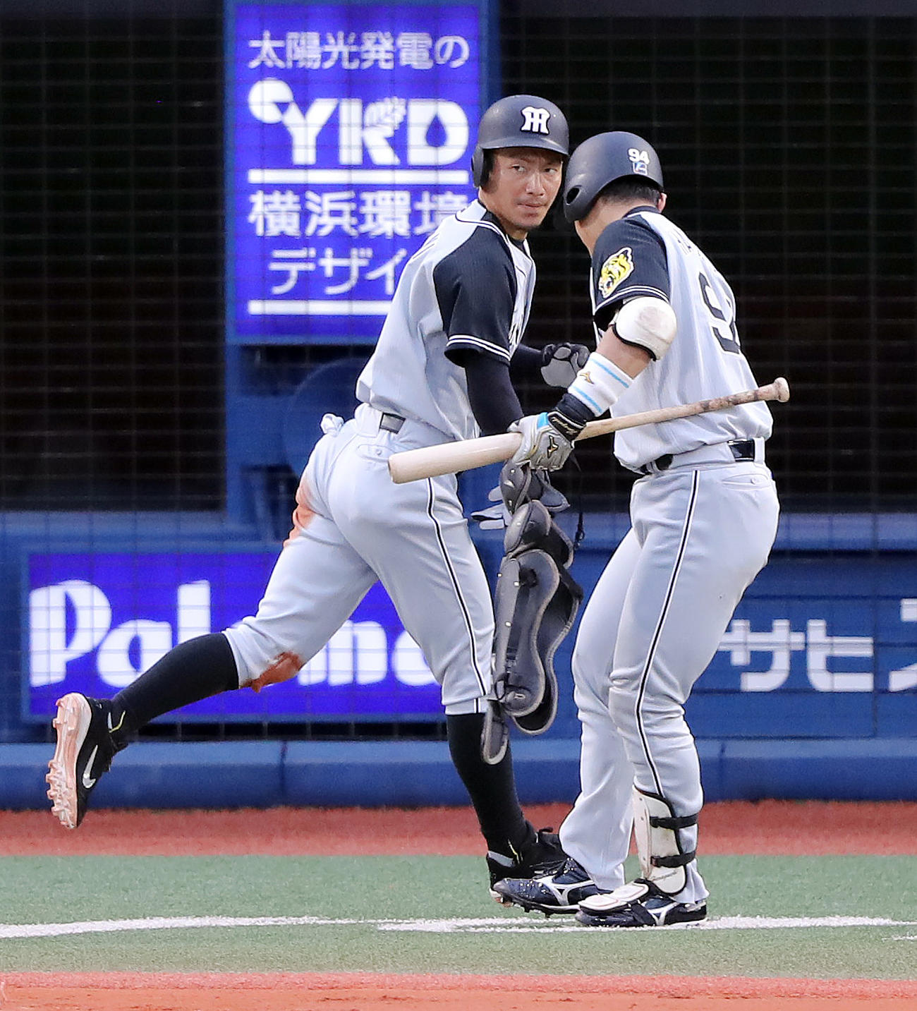 阪神原口文仁（手前）と鳥谷敬（2016年8月3日撮影）