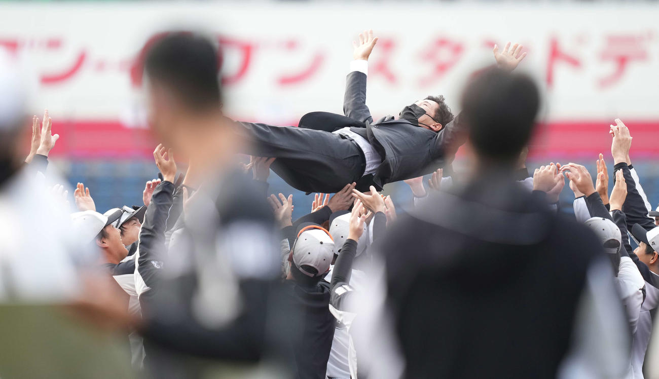 引退するロッテ小窪はナインから胴上げされる（撮影・鈴木みどり）