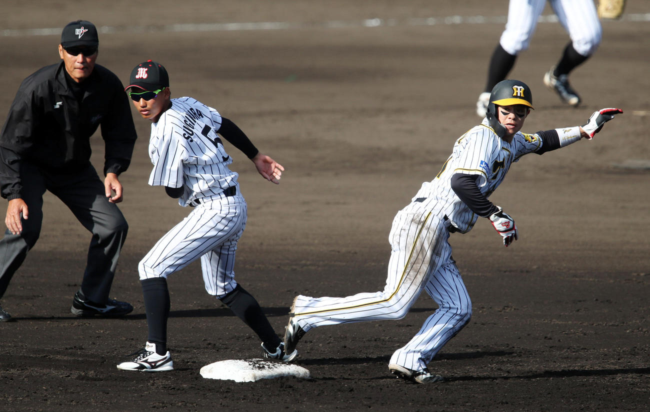 阪神対倉敷オーシャンズ　3回裏阪神無死一塁、一塁走者中野は打者糸原のとき二塁盗塁を決め相手エラーの間に三塁進塁（撮影・加藤哉）