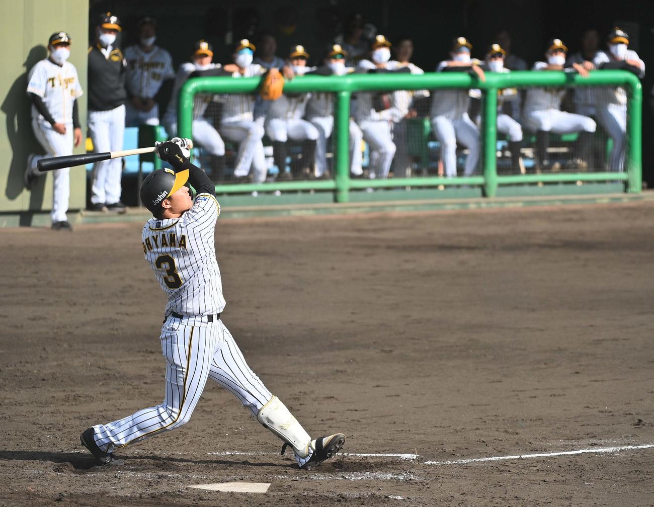 阪神対NTT西日本　3回裏阪神2死二、三塁、二飛に倒れる大山（撮影・上田博志）