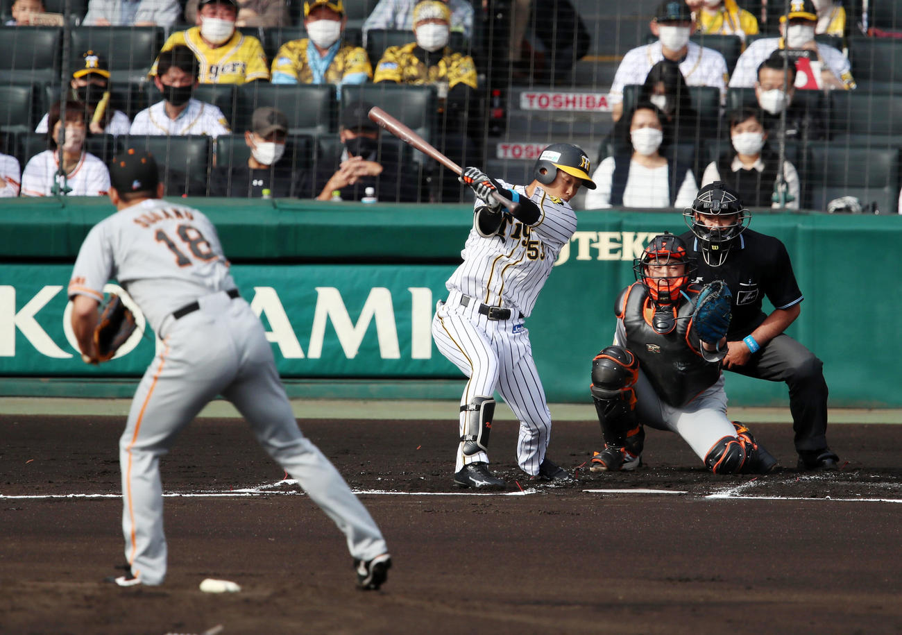 阪神対巨人　1回裏阪神無死、島田は空振り三振。投手は菅野（撮影・加藤哉）