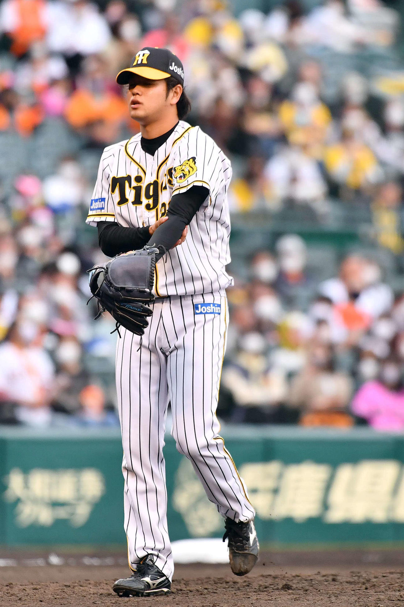 阪神対巨人　6回3失点の高橋は左腕を押さえながら降板する（撮影・上田博志）