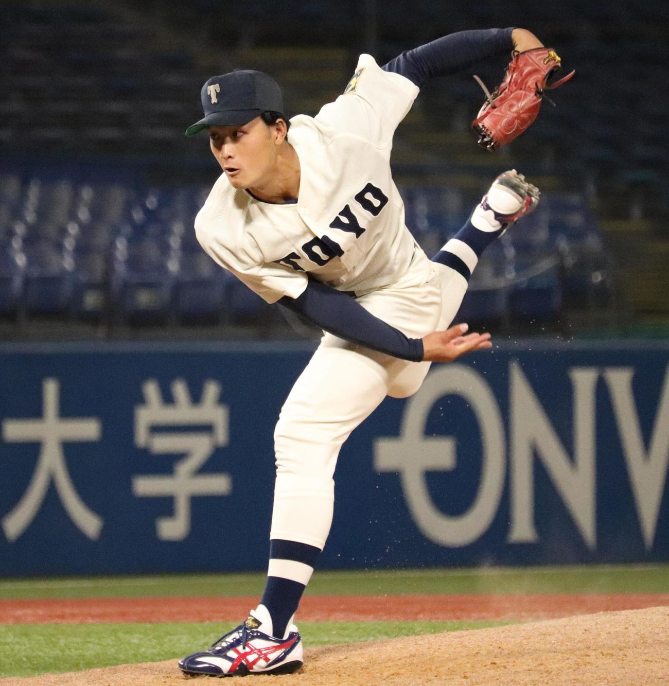 立正大対東洋大　この日152キロをマークした立正大・羽田野温生投手（撮影・阿部泰斉）