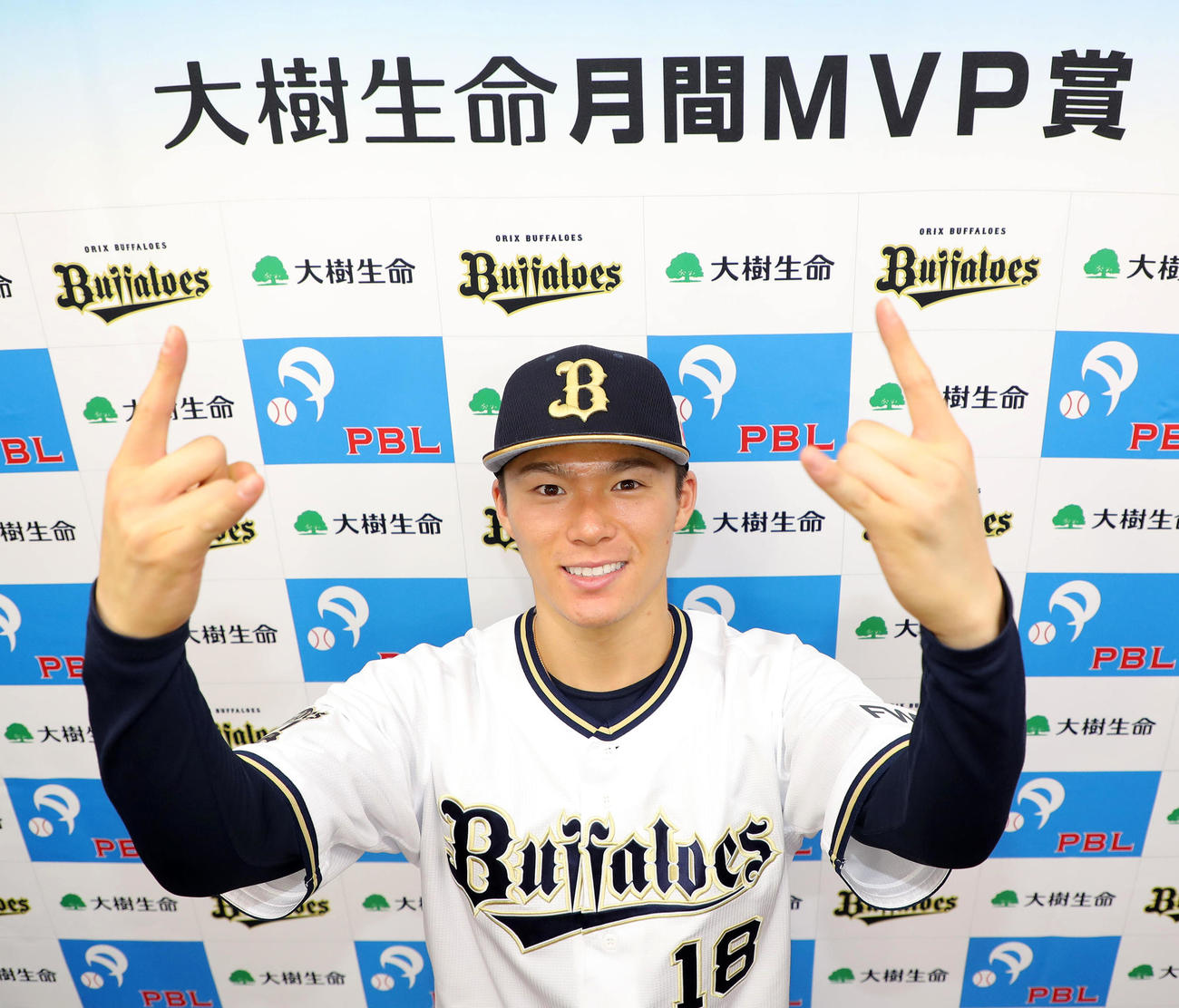 10・11月の投手部門での月間MVPを受賞しBポーズを決める山本