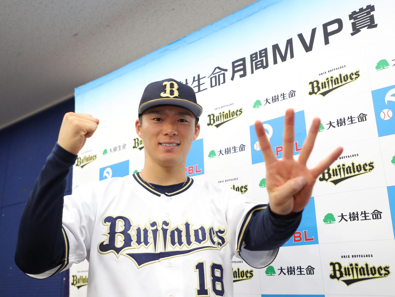 10・11月の投手部門での月間MVPを受賞しガッツポーズの山本