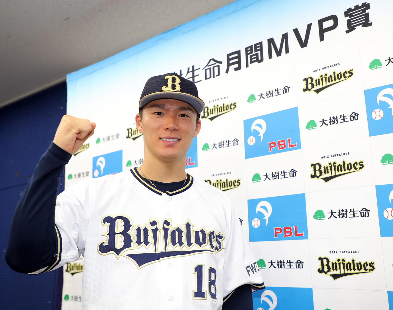 10・11月の投手部門での月間MVPを受賞しガッツポーズの山本