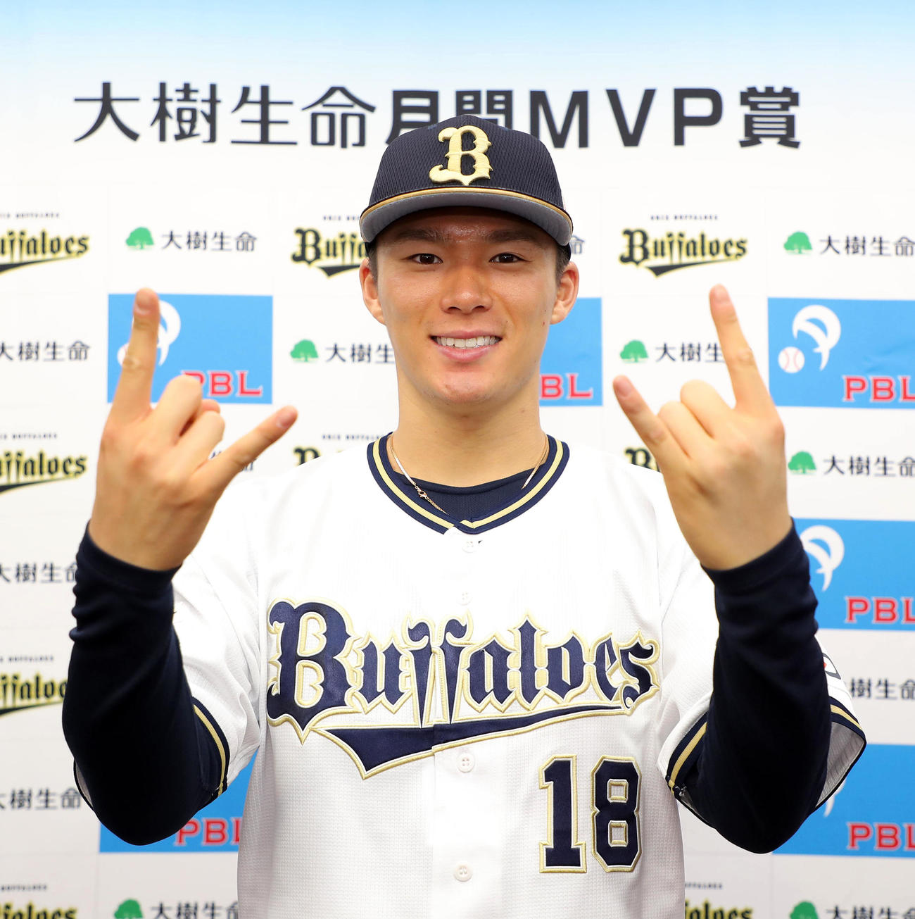10・11月の投手部門での月間MVPを受賞しBポーズを決める山本