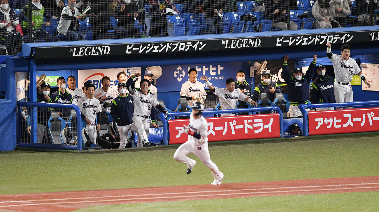 ヤクルト対巨人　6回裏ヤクルト2死満塁、塩見の3点適時三塁打に盛り上がるナイン（撮影・滝沢徹郎）