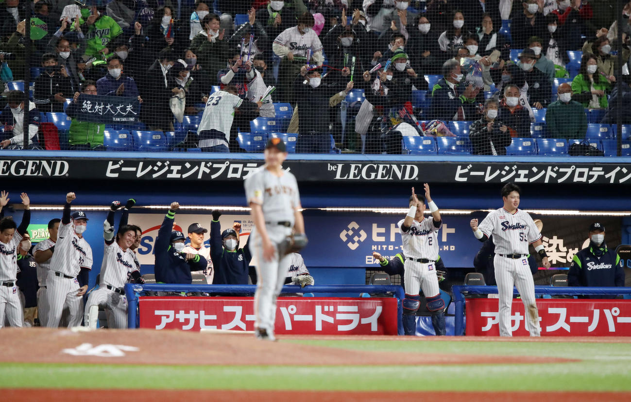 ヤクルト対巨人　6回裏ヤクルト2死満塁、塩見の3点適時三塁打に盛り上がるヤクルトの選手たち（撮影・加藤哉）