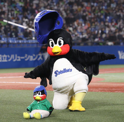 ヤクルト対巨人　5回裏終え、惜しくも空中くるりんぱを外すつば九郎（撮影・河田真司）