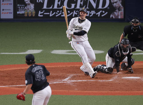 オリックス対ロッテ　4回裏オリックス2死一、二塁、空振り三振に倒れるT－岡田。投手岩下（撮影・前田充）