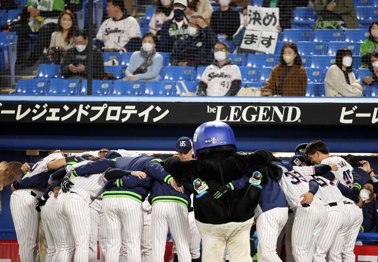 ヤクルト対巨人　試合前、肩を組み円陣になるヤクルトの選手たち（撮影・狩俣裕三）